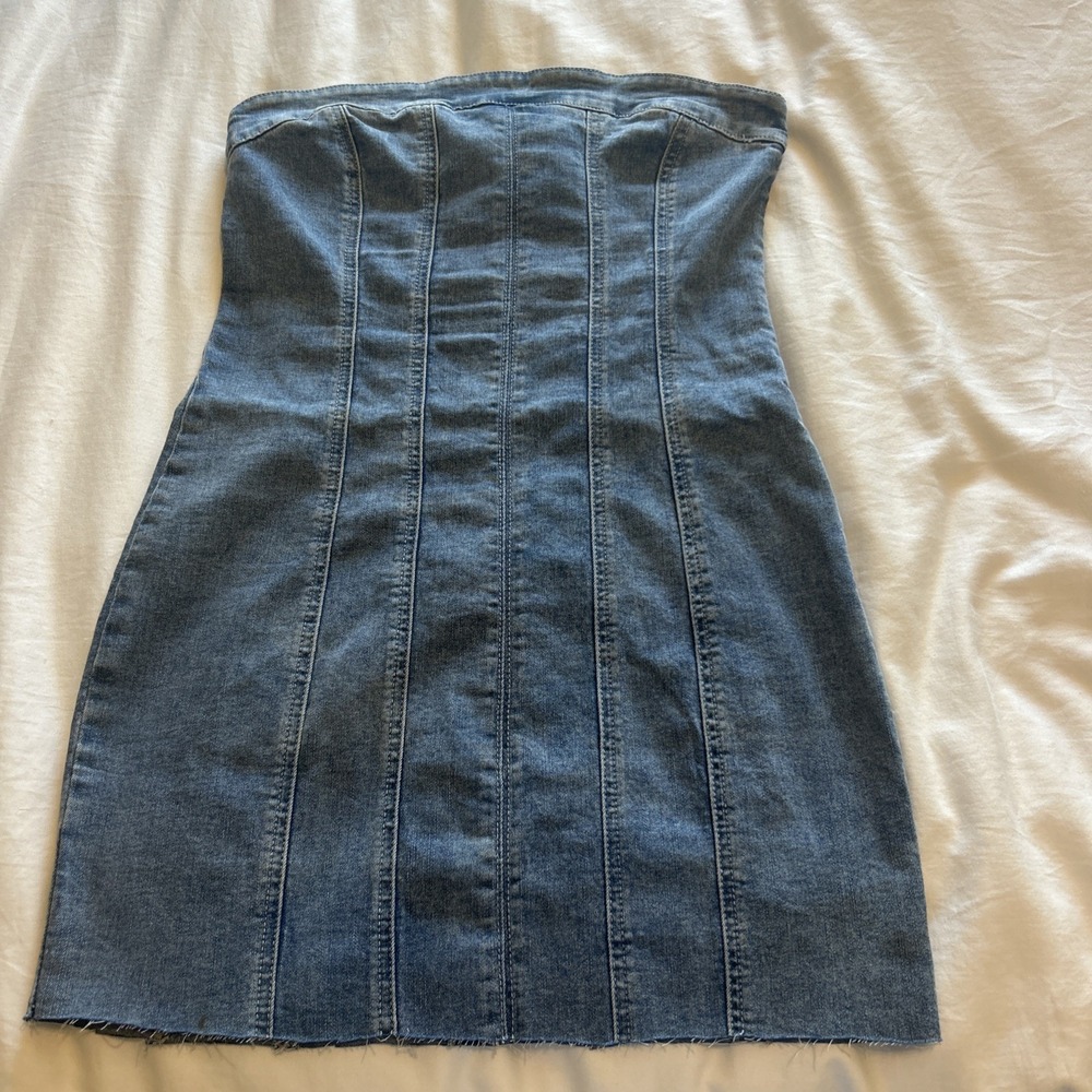 Princess Polly Wisser Mini Denim Strapless Dress Raw Hem Blue US 6 M Americana